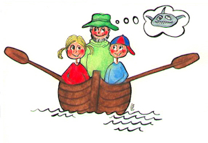 Pappa, Mia og Marius i robåten.